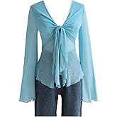SOLY HUX Women's Long Sleeve Mesh Blouse Tie Front V Neck Shirts See Through Aesthetic Tops