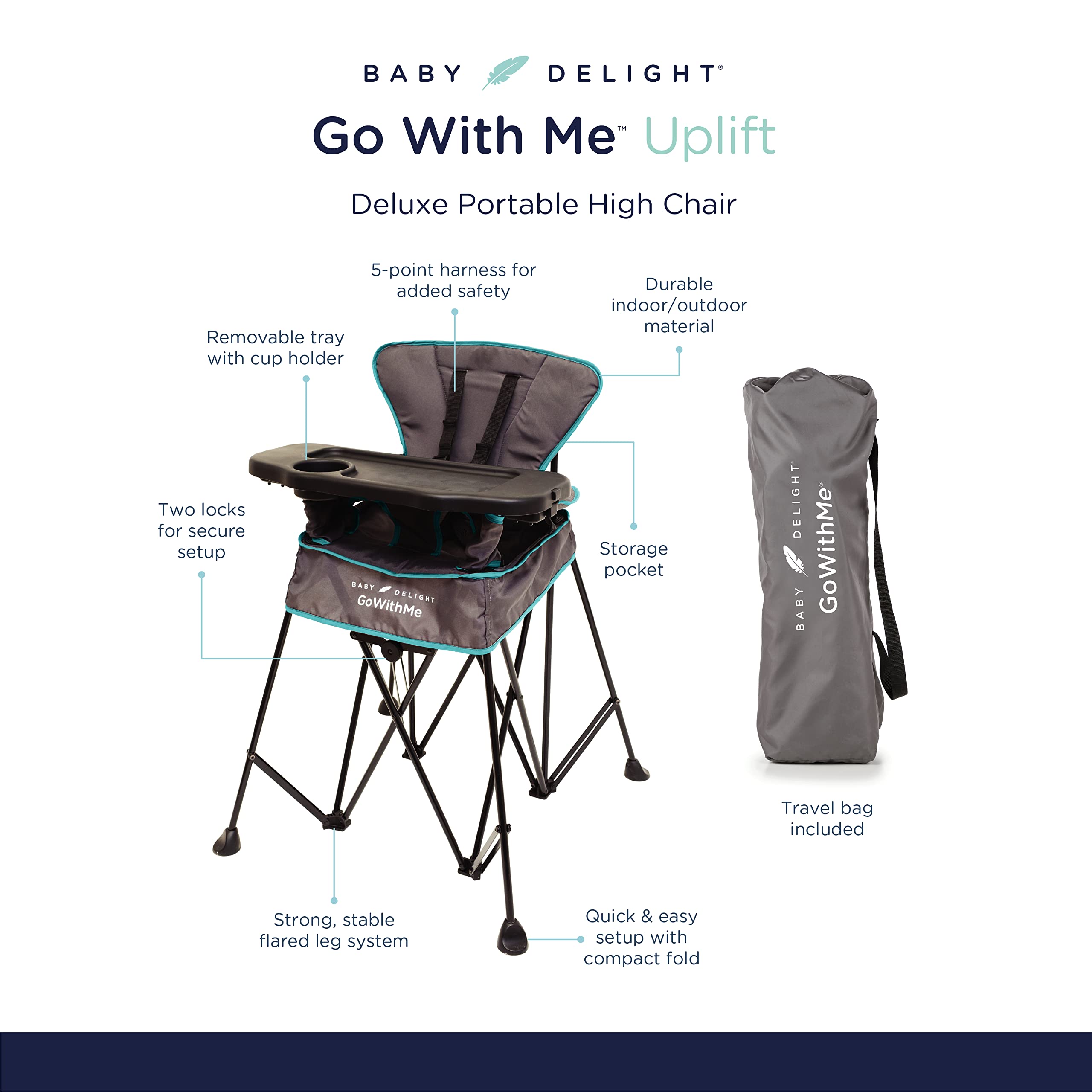 Baby Delight Go with Me Uplift Deluxe Portable High Chair, Indoor and Outdoor,Slate Grey