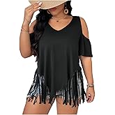 RoseSeek Women's Plus Size Fringe Hem V Neck Tops Short Sleeve Cold Shoulder T Shirts Top
