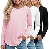 LessonZoo 3 Pack Girls Long Sleeve T Shirts, Kids Casual Crew Neck Shirts Soft Curve Hem Tees Loose Fit Basic Tunic Tops