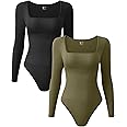 OQQ Women's 2 Piece Bodysuits Sexy Ribbed One Piece Square Neck Long Sleeve Tops