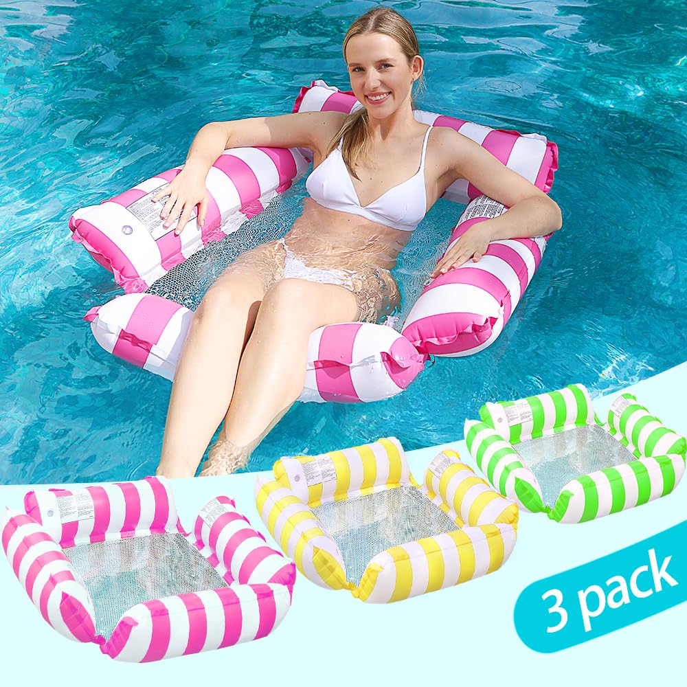 Photo 1 of 3 Pack Inflatable Pool Chair Float, Water Hammock Lounge Chair, Multi-Purpose Drifter Pool Floats for Summer Pool Lake Beach (Red + Yellow + Green)
