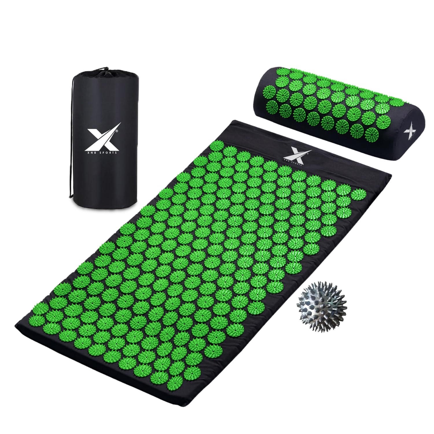 Xn8 Acupressure Mat & Pillow, Spiky Acupuncture Mat for Anxiety, Stress Relief, Back Pain, Muscle Relaxation & Recovery, Portable Reflexology Matt with Carry Bag for Men & Women, Black-Green