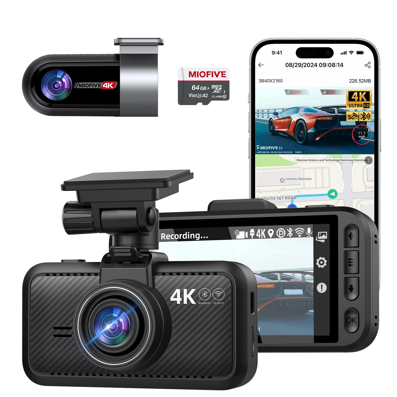 Miofive 4K Dash Cam Front and Rear, 5GHz Wi-Fi & GPS Dashcam with 64GB SD Card, Dual Car Camera Dash Cam with Parking Monitor, Night Vision, HDR, G-Sensor, Loop Recording, APP Control, Max 512GB