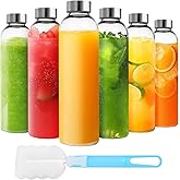Jarsoph Set of 6 Clear Glass Water Bottles with Lid 14oz for Juicing Reusable Bottle Glass Cup with Stainless Steel for Juicing, for Halloween Refrigerator 100% Leak Proof Drinking Jar, BPA Free