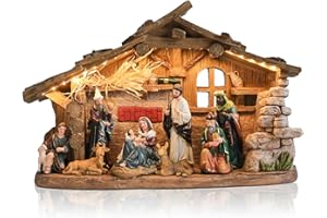 Ovewios Nativity Scene with Manger, Resin Nativity Sets Figurine with LED Light and Music, 15.6 Inch Holy Family Lighted Stable Nativity Scene Set Indoor for Tabletop Mantle Home Christmas Decoration