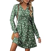 Dokotoo Fall Dresses for Women 2025 Casual V Neck Lantern Long Sleeve Floral Shirred High Waist A-Line Boho Dress