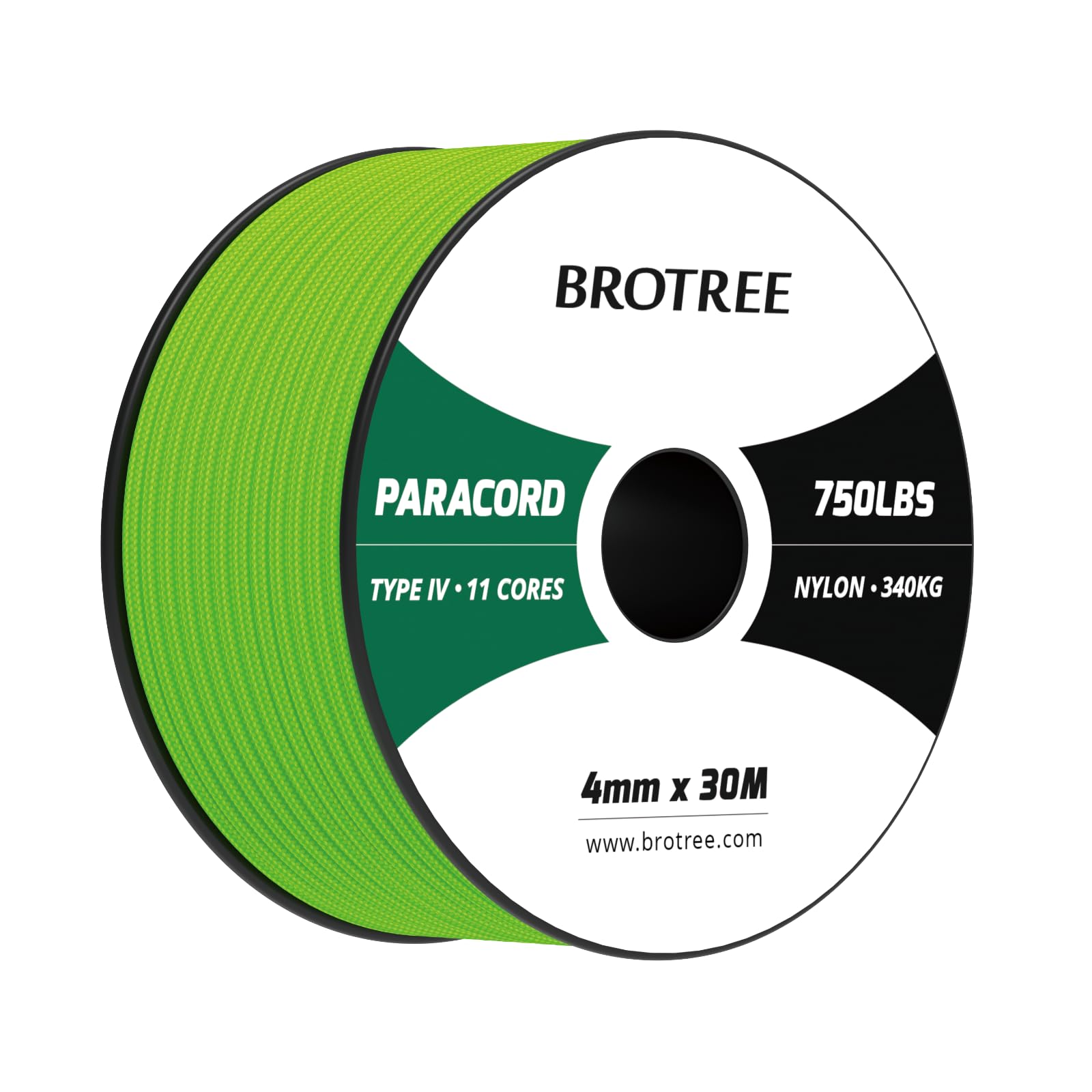 Brotree Paracord 4mm 30M 100% Nylon Rope 11 Strands 750lb Parachute Cord Type IV for Survival, Outdoor and DIY - 340kg Breaking Load (Neon Green)