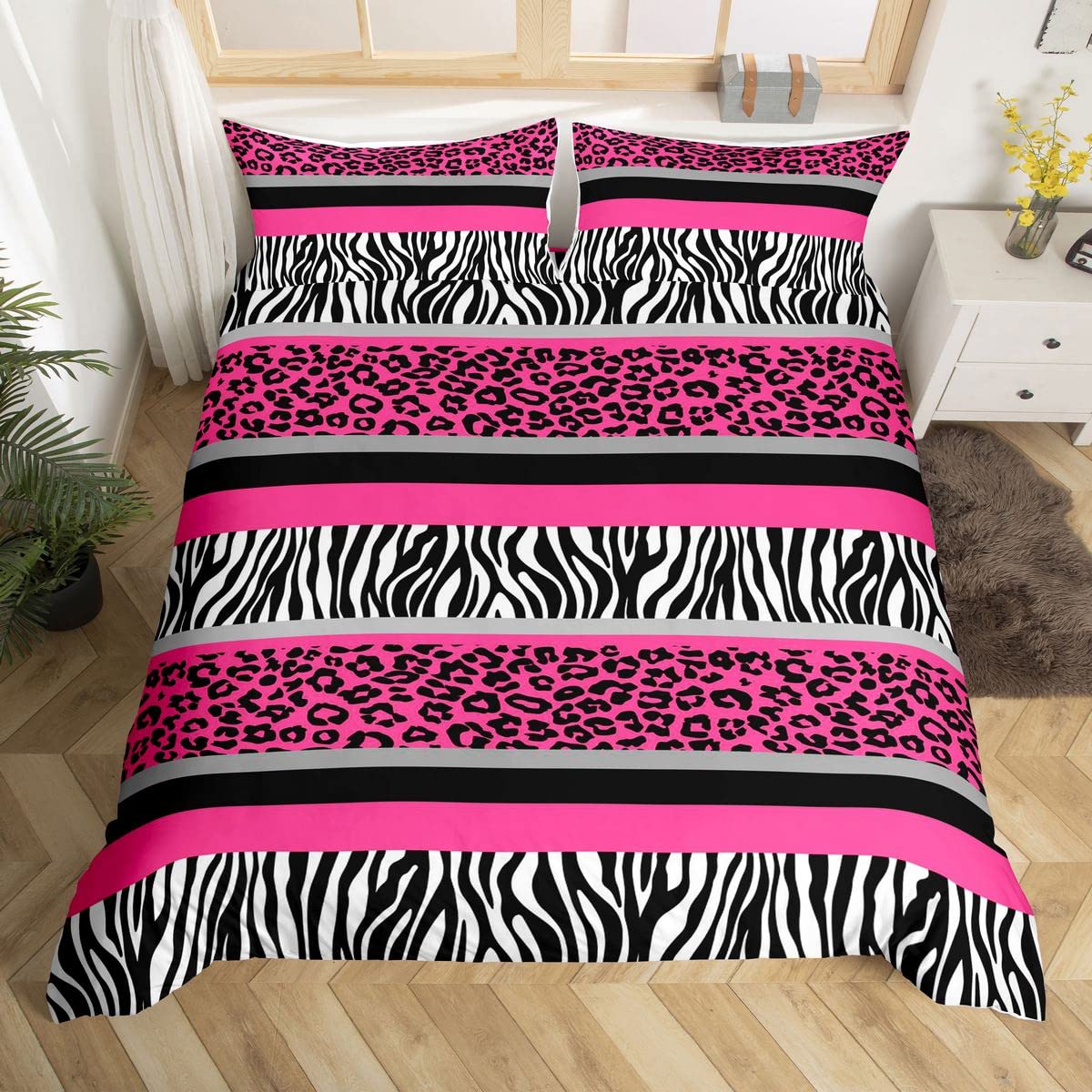 Loussiesd Zebra Stripes Duvet Cover Leopard Bedding Set For Kids Boys Girls Pink Black White Zebra Leopard Fur Comforter Cover Ultra Soft Wild Animal Skin Texture Bedspread Cover King