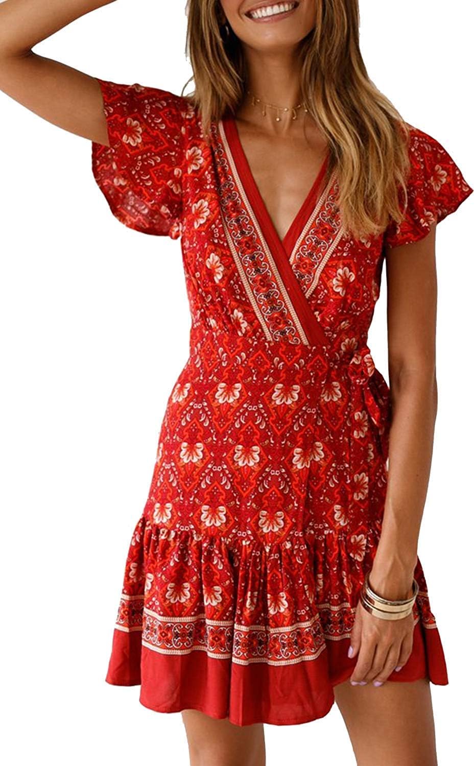 Women V Neck Boho Floral Mini Dress Summer Short Sleeve Wrap Sash Beach Dress