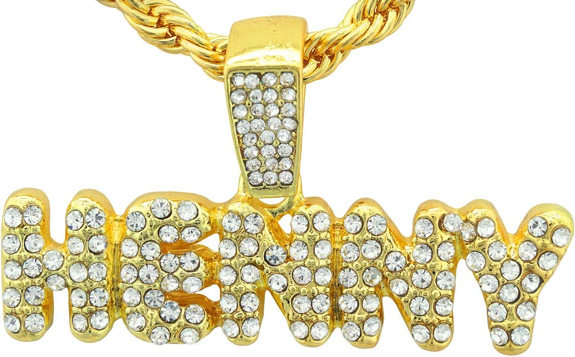 Yellow Gold-Tone Bling Hip Hop Shiny Stone Iced Style"HENNY" Hennessy Bubble Letter Pendant With 24" Rope Chain