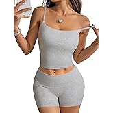 MOOSLOVER Women 2 Piece Lounge Matching Sets Padded Workout Set Cami Tank Top Fold Over Shorts Summer Outfits