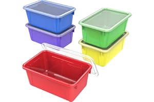Storex Small Cubby Bins – Plastic Storage Containers for Classroom with Non-Snap Lid, 12.2 x 7.8 x 5.1 inches, Assorted Colors, 5-Pack (62406U05C)