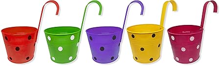 A2M Galvanized Metal Designer Round Shaped Dotted Railing Planters Pot with Hanger Useful for Balcony and Home Gardening Set of 5pcs (7