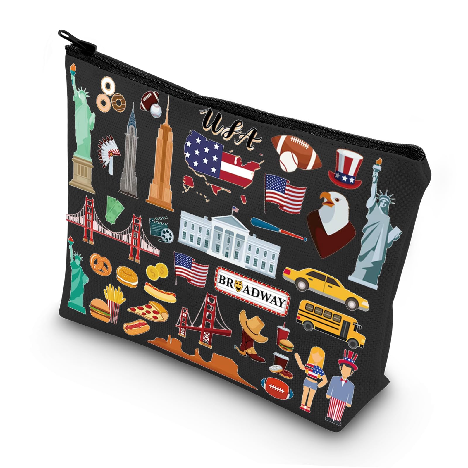 LEVLO USA Travel Cosmetic Bag New York Souvenir Gift I Love Newyork Zipper Pouch Bag America Flag Merch, LOVE NEWYORK Black, Cosmetic Bag