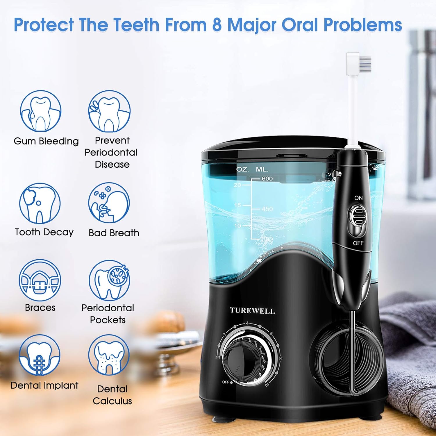 Water Dental Oral Irrigator for Teeth/Braces,10 Pressure Levels Water Flossing Teeth Cleaner 8 Water Jet Tips for Family, 600ML Electric Dental Flosser Pick for Tooth Clean(Black): Health & Personal Care