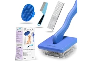 Bonteck Dog Slicker Brush for Dogs Grooming Kit 4PCS | Large Dog Brush for Goldendoodles Poodles Doodles | Long Pin Haired Brush | Poodle Brushes and Comb (Blue)