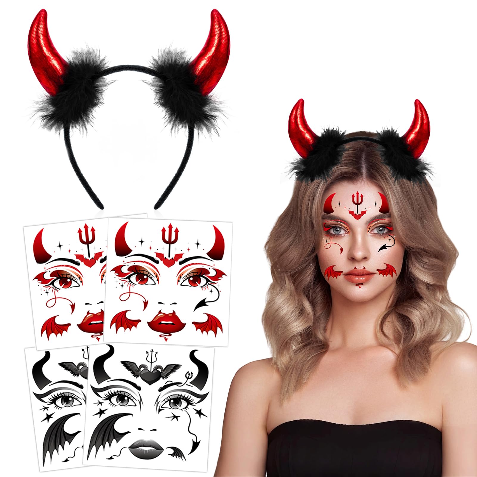 HOWAF Red Devil Horns Headband & Halloween Face Tattoos Stickers, Hair Accessories for Devil Costume, Carnival Halloween Costumes Women Men — image 1