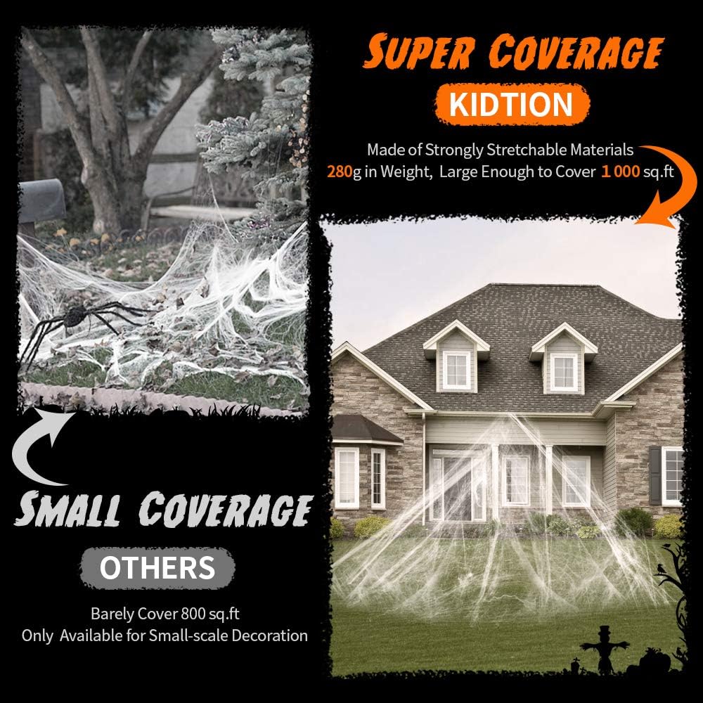 Kidtion 1000 sqft Halloween Spider Web with 90 Extra Fake Spiders– Designed for Halloween Decorations or as Party Favors, Super Stretchy Giant Cobwebs Decoration, Spider Webbing for Indoor/Outdoor 9.8oz: Toys & Games