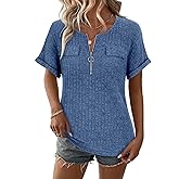 Viracy Womens Top Dressy Casual Short Sleeve Blouses V Neck Shirts 2025 Trendy Summer Fashion Loose Fit Zip-up Work Tops