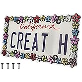 Creathome 3D Shining Daisy Wrenth License Plate Frame from Pure Zinc Alloy Metal Perfect Plate Holder, Matt Black with Colorful Glitter