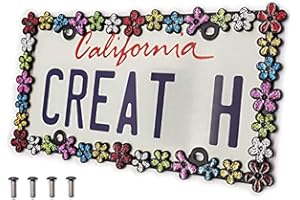 Creathome 3D Shining Daisy Wrenth License Plate Frame from Pure Zinc Alloy Metal Perfect Plate Holder, Matt Black with Colorful Glitter