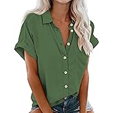 Womens Short Sleeve Button Down Shirts, V Neck Collared Causal Shirt Tops with Pocket, Summer Blouse Solid Loose Tops