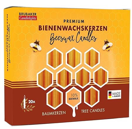 Brubaker 20er Pack Baumkerzen 10% Bienenwachs Weihnachtskerzen Pyramidenkerzen Christbaumkerzen Honig-Gelb