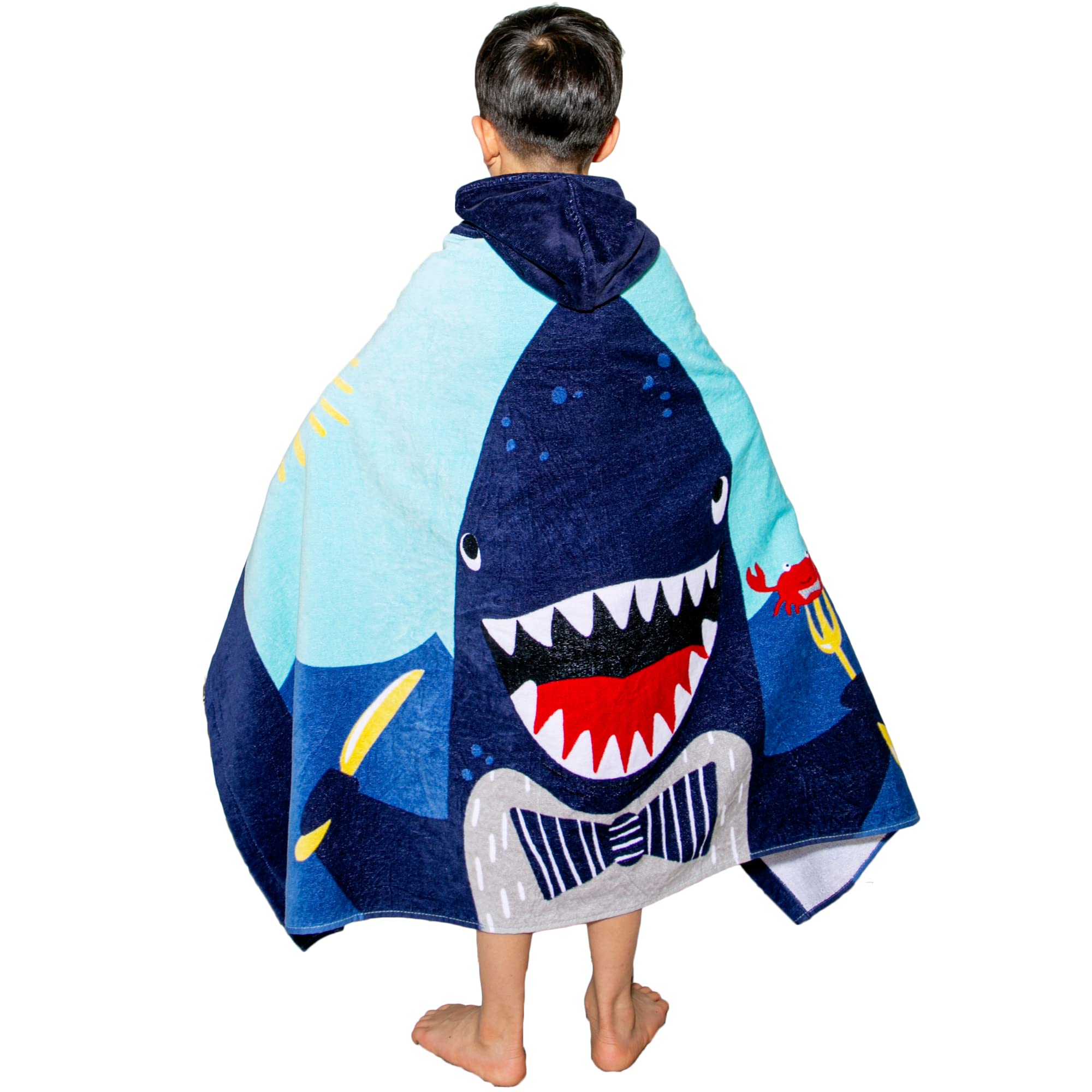 Fewlby Boys Hooded Beach Bath Towel, 100% Cotton Bathrobe Kids Cartoon Hooded Bath Blanket Swimming Towel Surfing Poncho, 30"*50", Shark