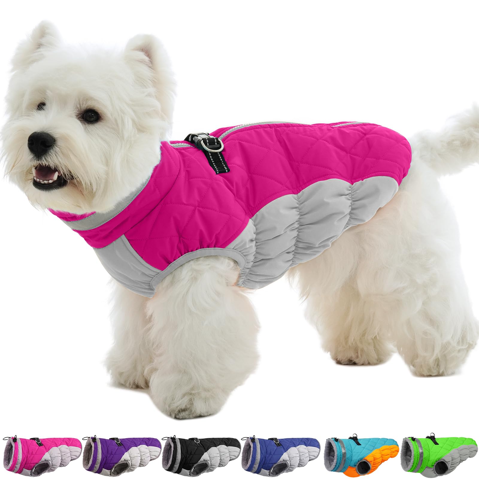 OUOBOB Fleece Dog Coat, Harness Built In, Waterproof Snowsuit, Winter Jacket, Puffer Jacket - Rose Red, Small, Windproof — image 1