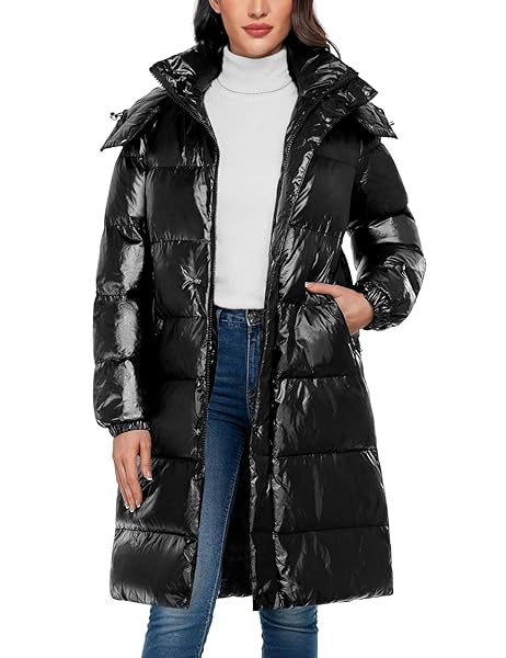UIKUE WOMENS PUFFER COATS – LONG WINTER QUILTED JACKET FULL ZIP WINDPROOF PUFFY COAT THICK WARM OUTERWEAR HOODED PARKA WITH POCKETS(GLOSSY BLACK,S)