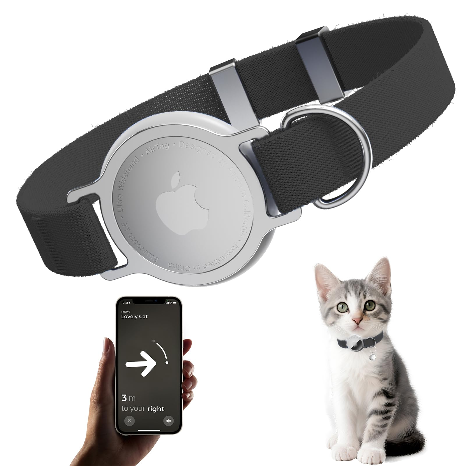 Photo 1 of AirTag Cat Collar, Ultra Elastic Cat Tracker Collar, Airtag Holder Compatible with Apple Air Tag, [Lightweight & Scratch Resistant] Adjustable Stepless GPS Pet Collar for Cats Kittens, Black