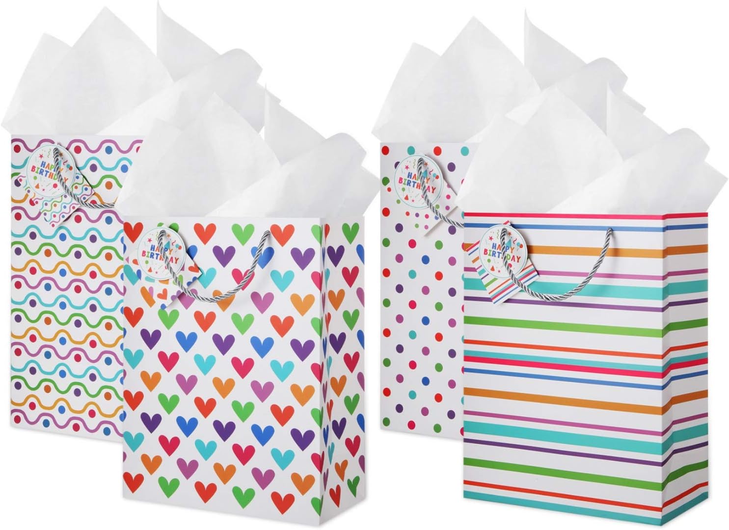 CRANBURY Large Gift Bags: (4 Pack) Assorted 4 Designs Gift Bags with Tissue Paper, Birthday Gift Bags for Kids, Bags with Tissue Paper, Gift Bags for Boy or Girl Birthday Party Gift Bag