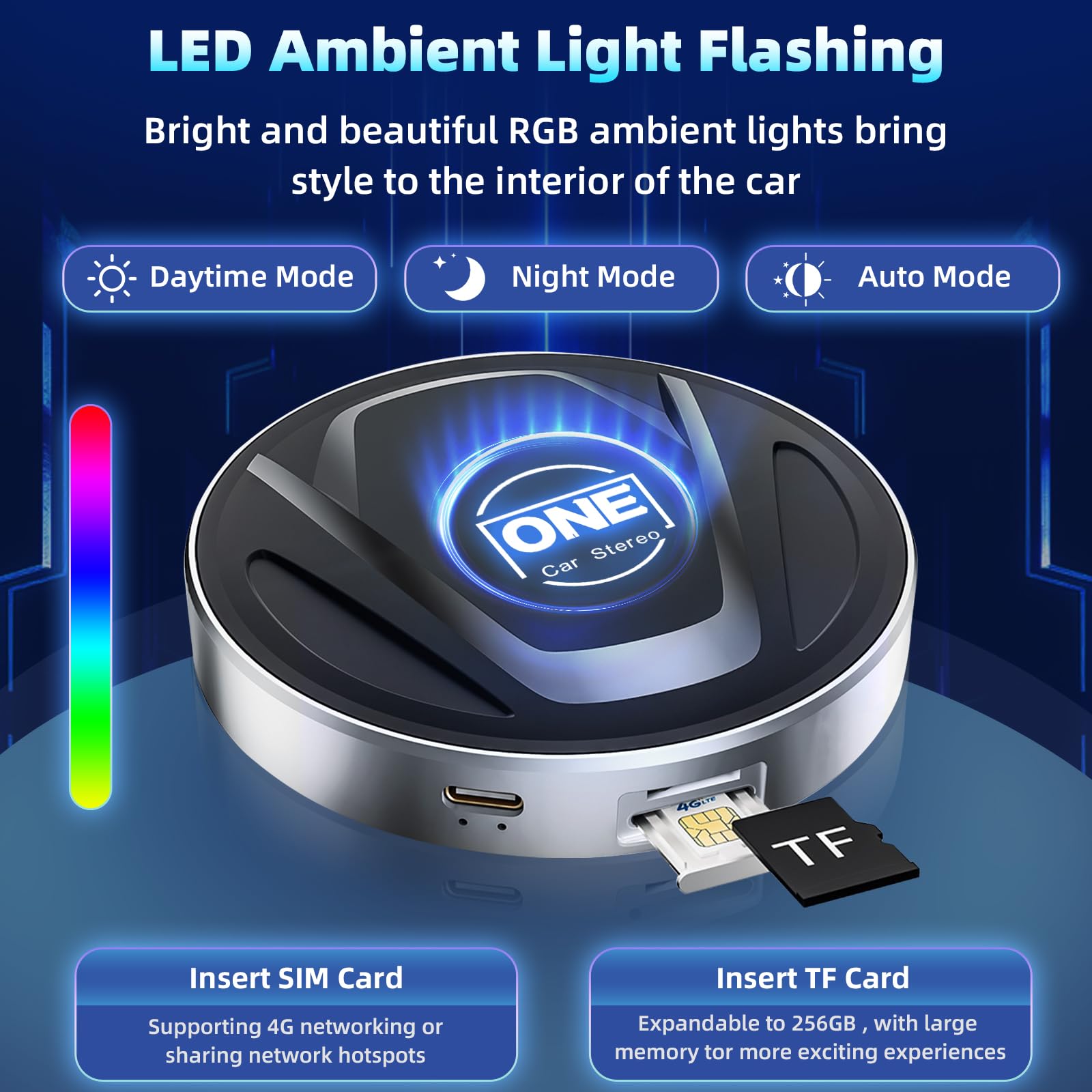 OneCarStereo CarPlay Ai Box Ultra, Wireless CarPlay Adapter Built-in Qualcomm 8-core 6225 High-Performance with Android 13, Magic CarPlay Box Stream Video Apps, TF/SIM Card, LED Light(8+128GB)