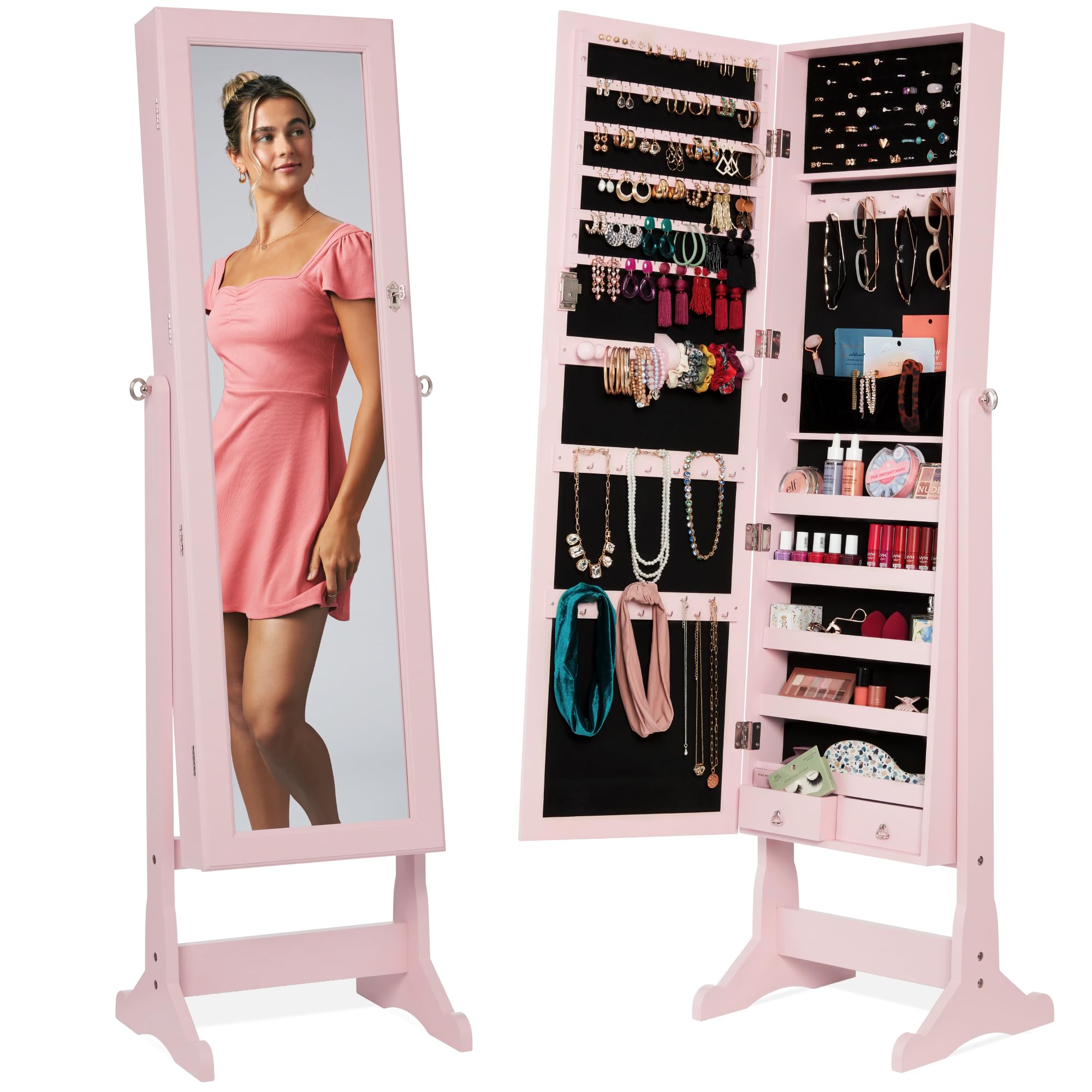 Best Choice Products Freestanding Jewelry Armoire Cabinet, Full Length Standing Mirror, Lockable Makeup Storage Organizer, w/Velvet Lining, 3 Angles, Lock, Accessory Pouch, 5 Shelves - Dusty Pink Image