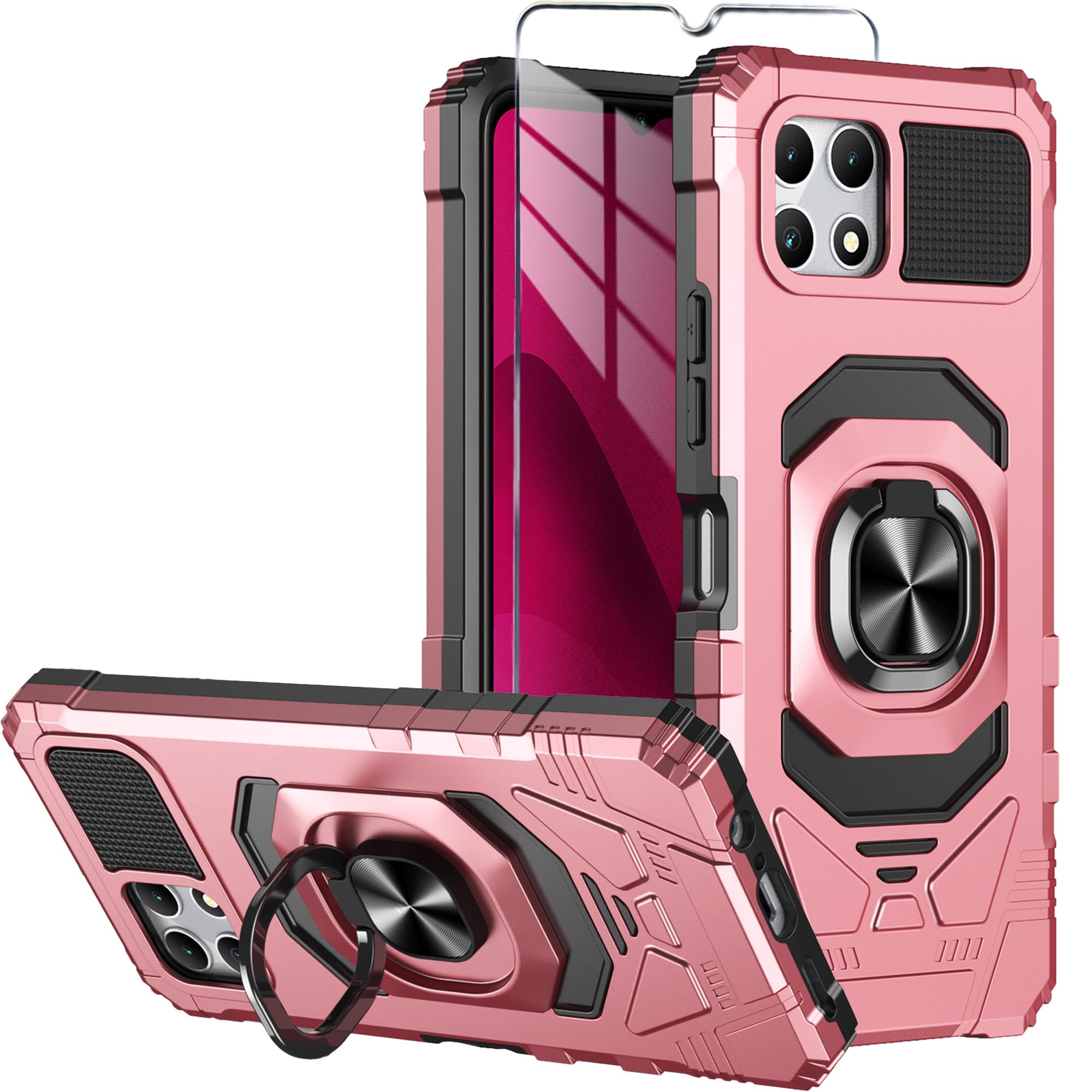 Photo 1 of Mocotto for T-Mobile REVVL 7 5G Phone Case with Tempered Glass Screen Protector,Military Grade Heavy Duty Shockproof Protective Cover,with Ring Kickstand for REVVL 7 (Rose Gold)