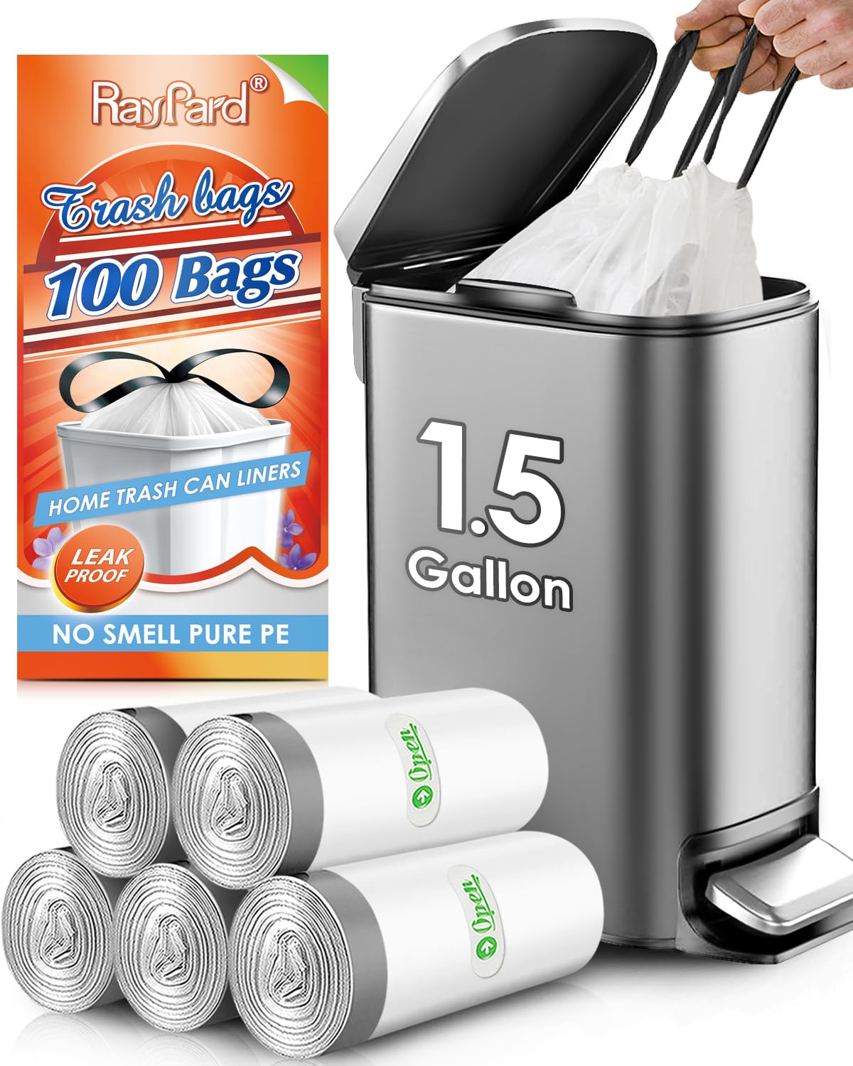 Photo 1 of 1.5 Gallon (fit 4.5-6L) 100 Counts Mini Strong Drawstring Trash Bags Garbage Bags by RayPard, Small Plastic Bags Trash Can Liner for Home Office Kitchen Bathroom Bedroom, White Waste Basket Liners