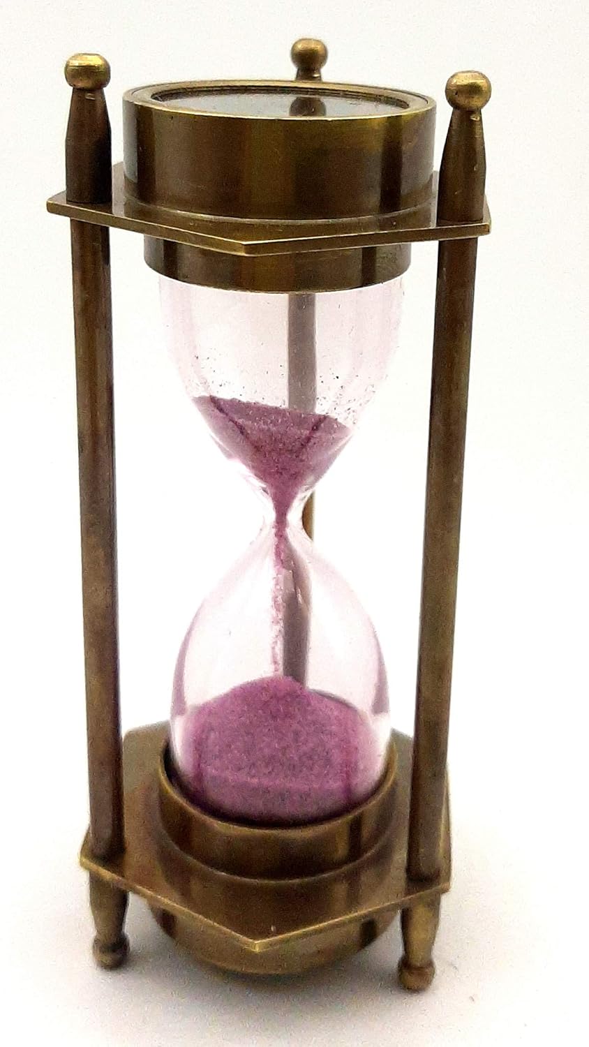 De Cube Hourglass Sand timer With Antique Maritime Brass Compass Coffee table Office desk decorative, Collectible, Christmas, birthday, anniversary, valentines (5" Tall x 2" Dia. Base)