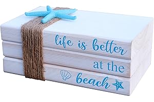 LIVDUCOT Beach Coastal Wooden Decorative Books Stacked House Decor - Faux Ocean Books for Fireplace Mantle Bookshelf Home Coffee Table Decoration 7.5x5x3'