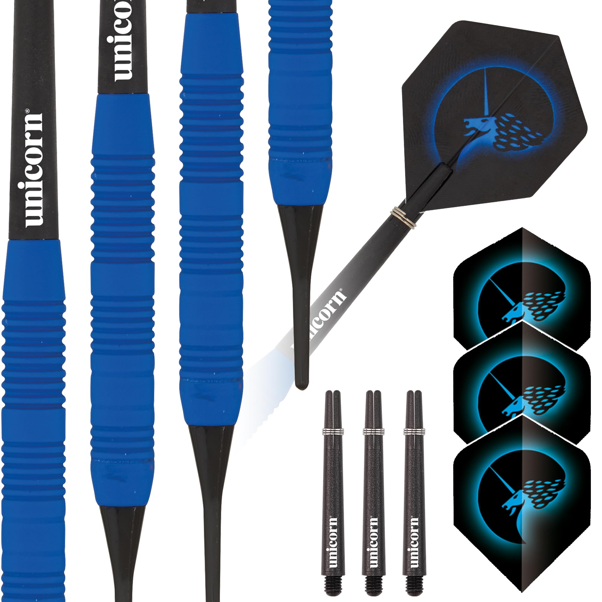 Unicorn Soft Tip Darts Set | Core Plus | Smooth Comfortable Rubberised Brass Barrels | Blue | 18 g