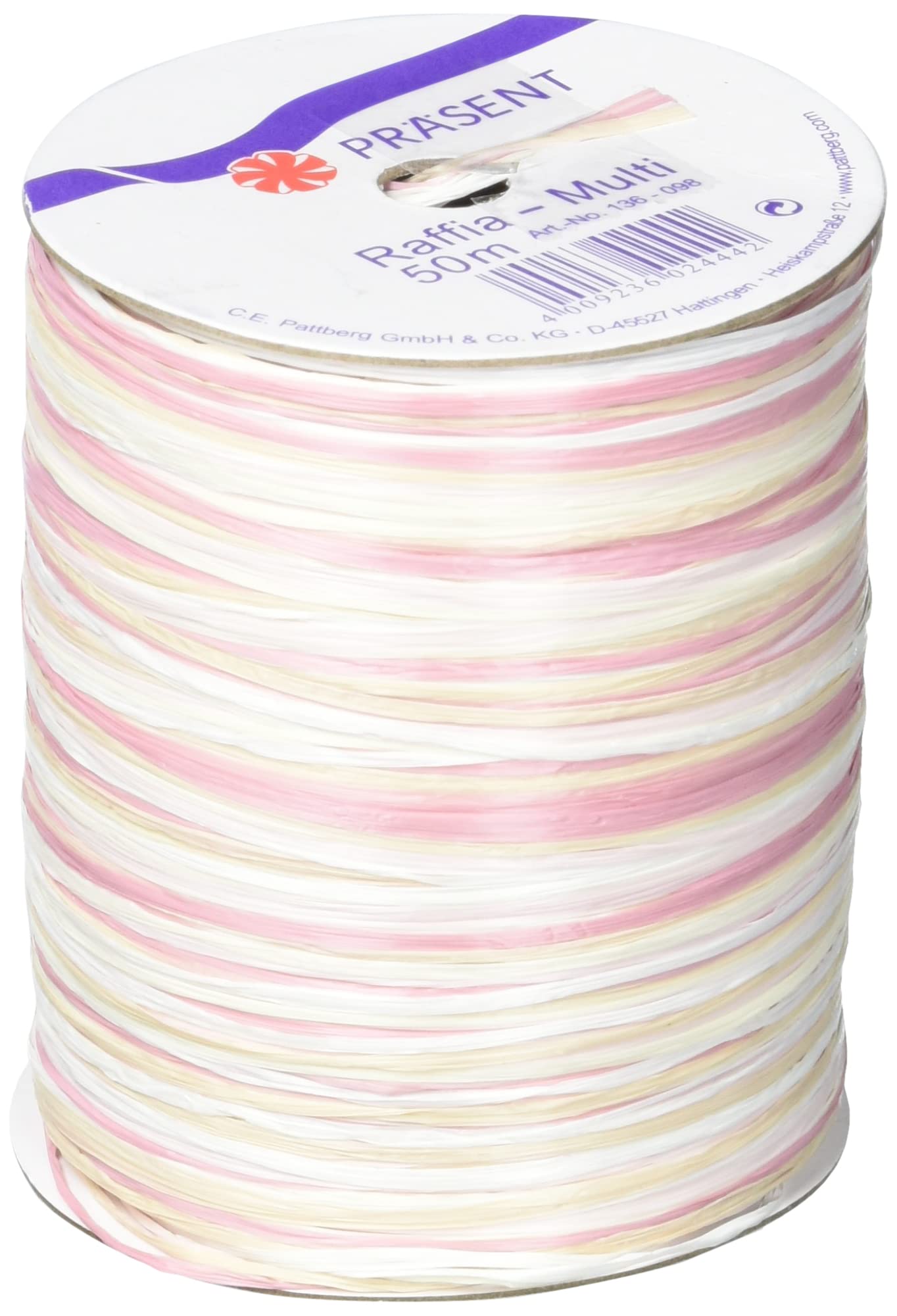 C.E. Pattberg RAFFIA Multicolour white-cream-pink Ribbon, 55 yards Gift Ribbon for Wrapping Presents, 5-Strand Ribbon for Gifts, Accessories for Decorating and Handicrafts, for every occasion