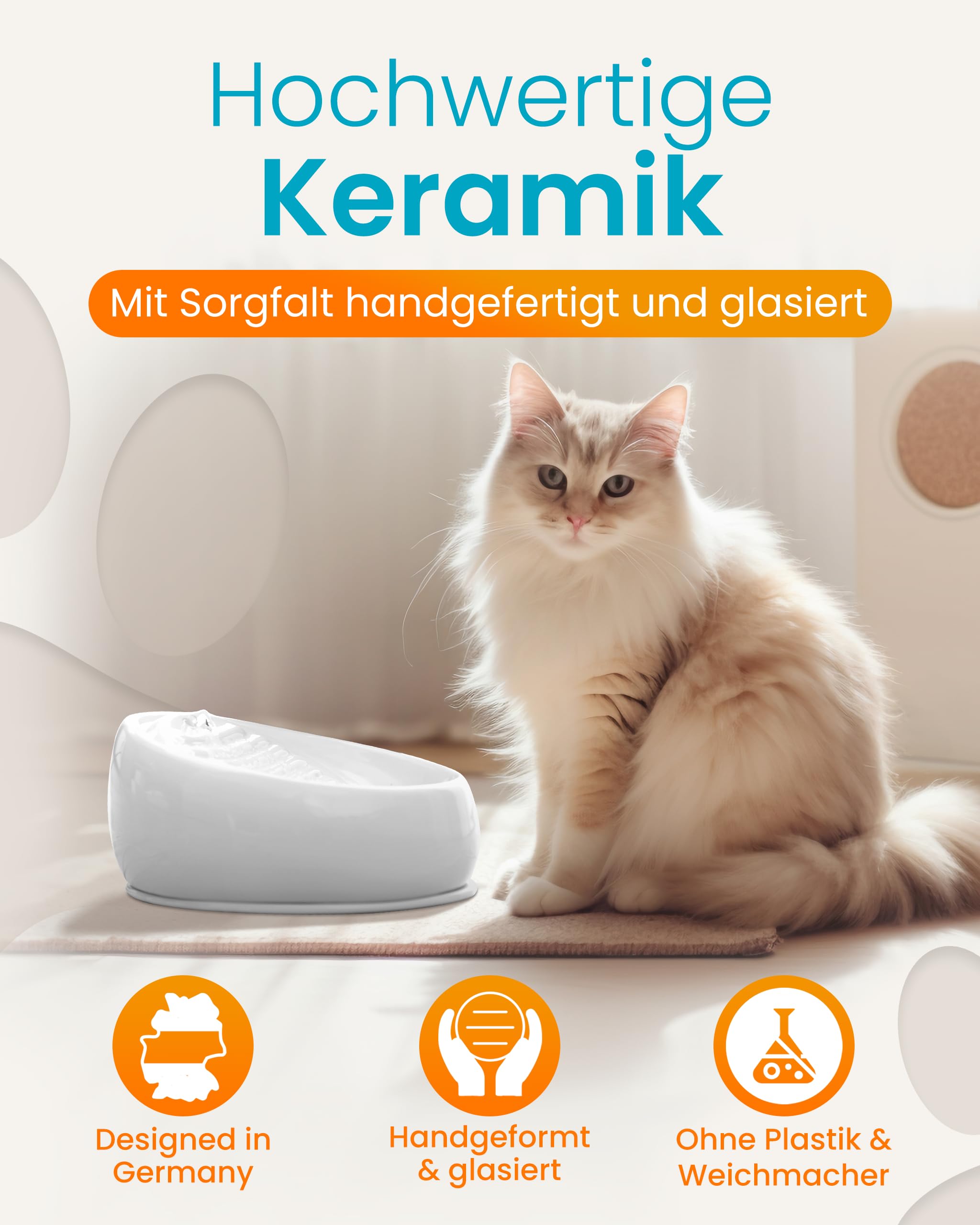 Lucky-Kitty Trinkbrunnen für Katze grau I Katzenbrunnen Keramik Handarbeit, hygienisch I Kein Aufladen, kein Filter-Tausch I Trinkbrunnen leise & energiesparend I Wasserspender Katzen plastikfrei 3