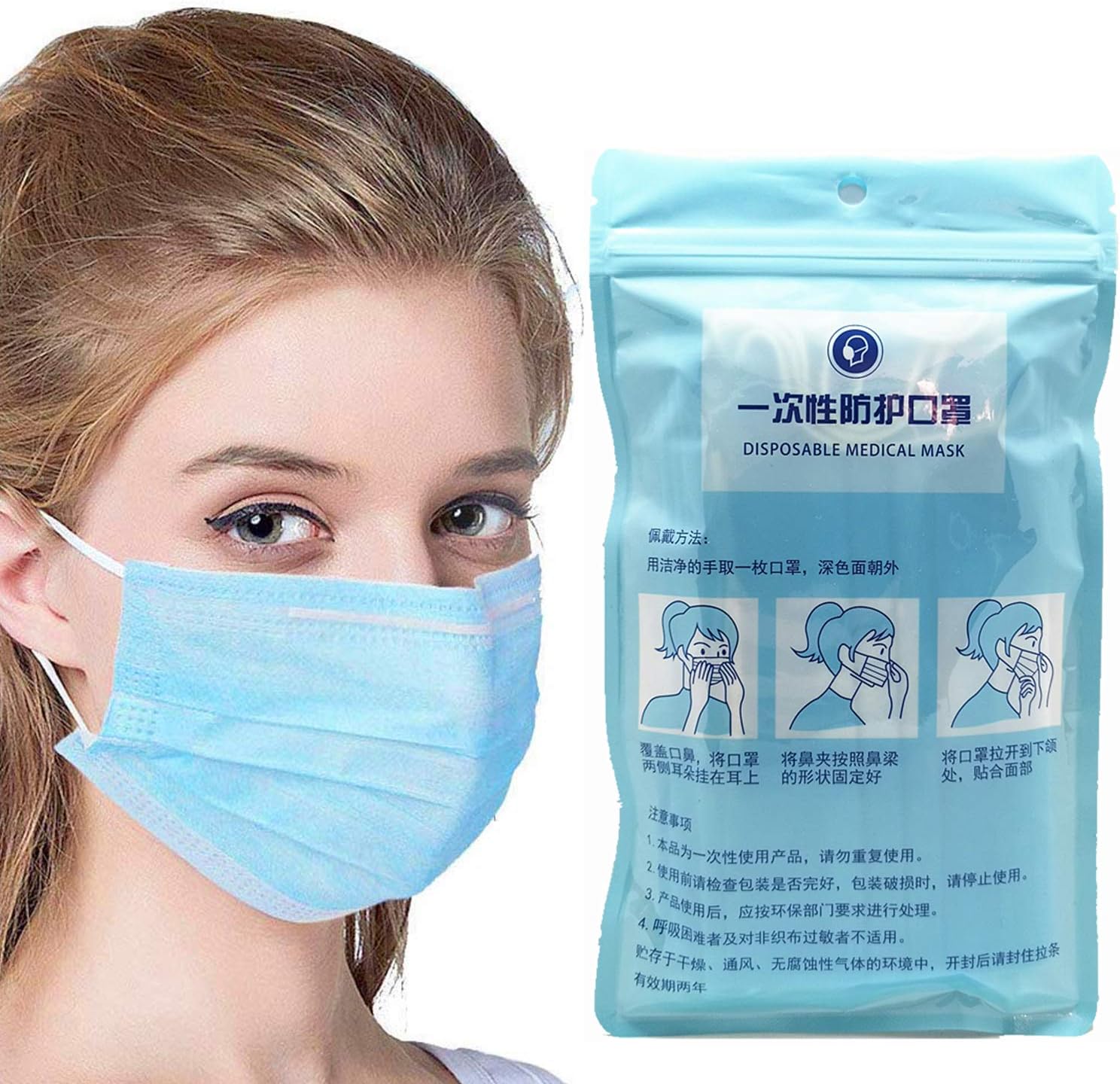10Pcs Disposable Face Masks - Disposable Protective Mask Dust Breathable Earloop Face Mask Comfortable Mouth Mask Thick 3-Layer Masks (Blue)