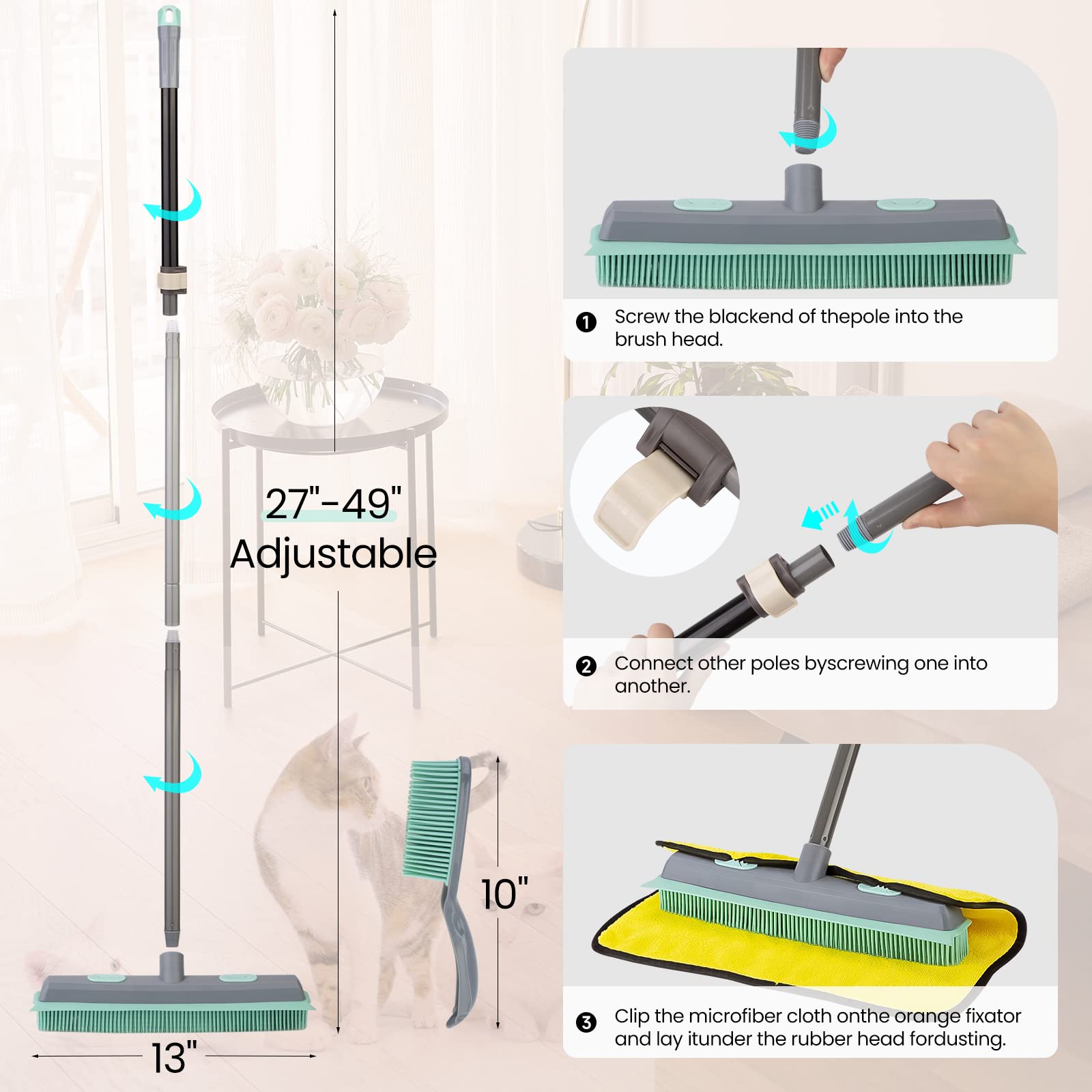 Conliwell Rubber Broom Carpet Rake for Pet Hair, Fur Remover Broom with Squeegee, Portable Detailing Lint Remover Brush (Iron Handle)