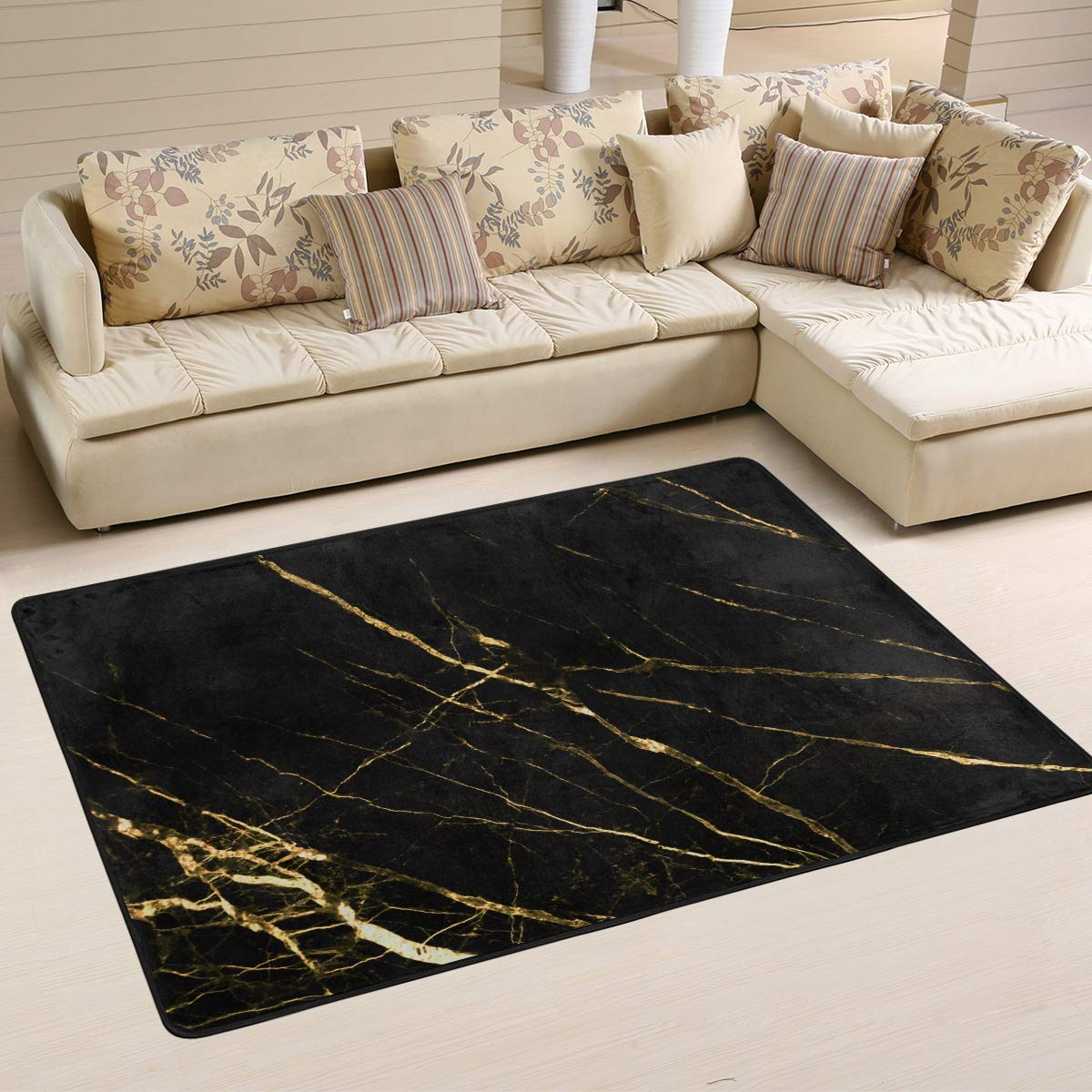 ALAZA Black Marble Gold Texture Area Rug Soft Non Slip