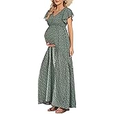 Floral Print V Neck Maternity Dress Boho Baby Shower Photoshoot Smocked Flutter Sleeve Split A Line Dress