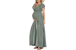 GURUIXU Floral Print V Neck Maternity Dress Boho Baby Shower Photoshoot Smocked Flutter Sleeve Split A Line Dress