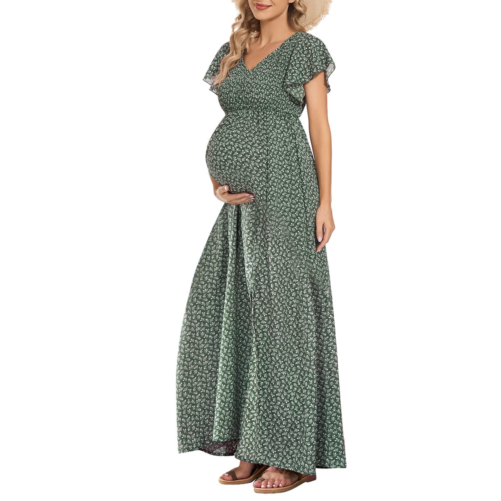 Photo 1 of guruixu V Neck Floral Maternity Dress for Photoshoot Baby Shower, Flutter Sleeve Fall Boho Causal Smocked Pregnancy Dress Green medium 