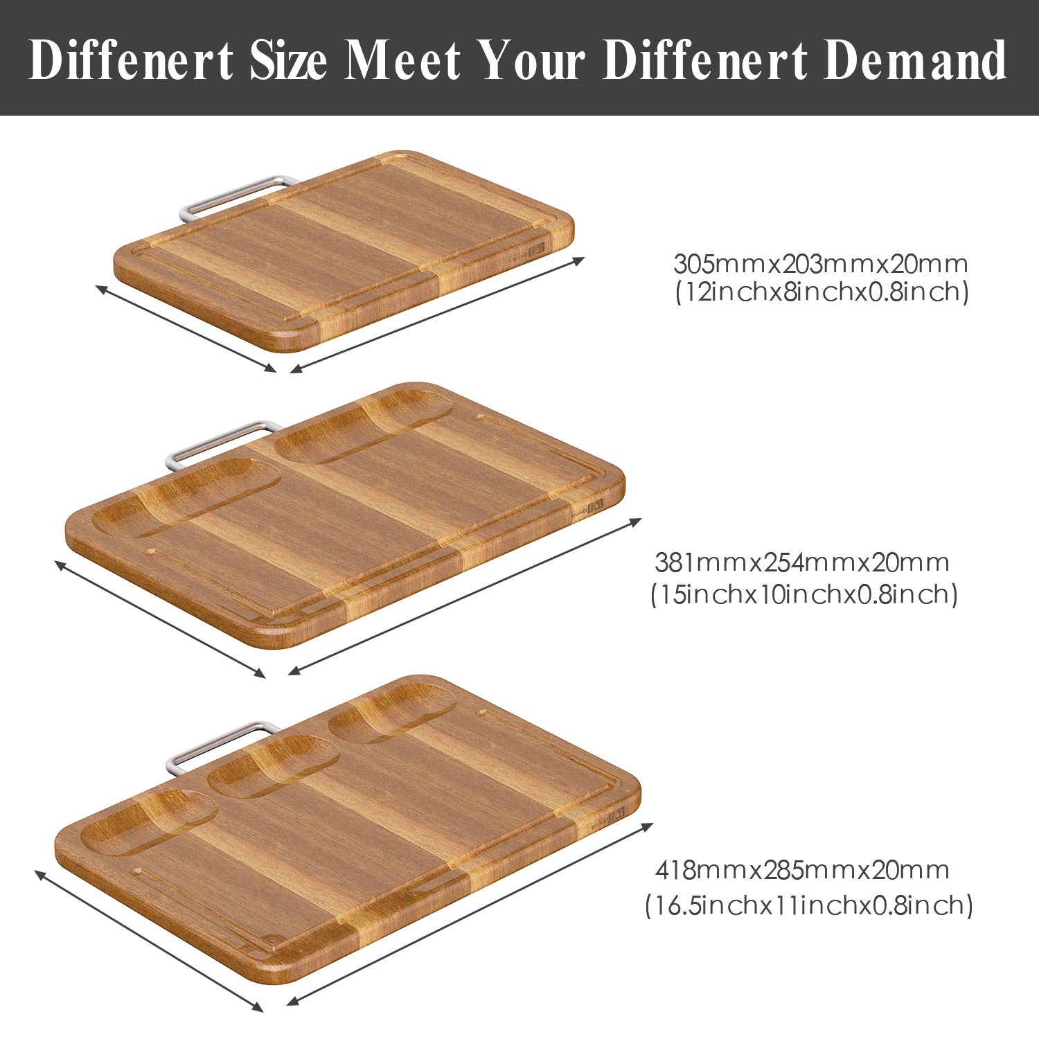 SHAN ZU Multipurpose Thick Acacia Wood Cutting Board Set of 3 Heavy Duty Chopping Board For Kitchen with Built-In Compartments And Deep Juice Grooves, Stainless Steel Handle Chopping Carving Board