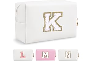 CHAOGREAT Personalized Initial A-Z Preppy Patch Makeup Bag,Waterproof PU Chenille Letter Travel Cosmetic Pouch with Zipper,Cute Toiletry Organizer Bag,Gift Ideal for Women Teacher Bridesmaid,Letter K